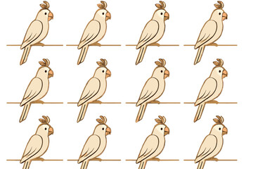 Seamless pattern light beige cockatiel birds perched on tree branches