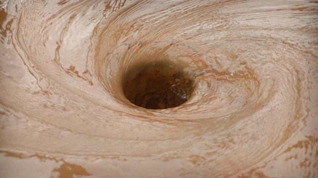Close-up of storm drain catch basin surface drain with power whirlpool. Large stream of water swirling down into big drain hole. Waterflow moves in spiral flows into powerful drainage system
