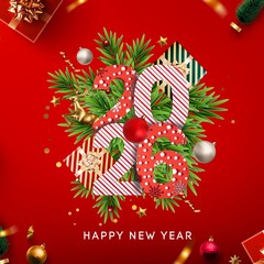 Happy New Year 2026 Striped Design, Classic Red and White Typography with Christmas Branches and Ornaments on a Bright Red Background.