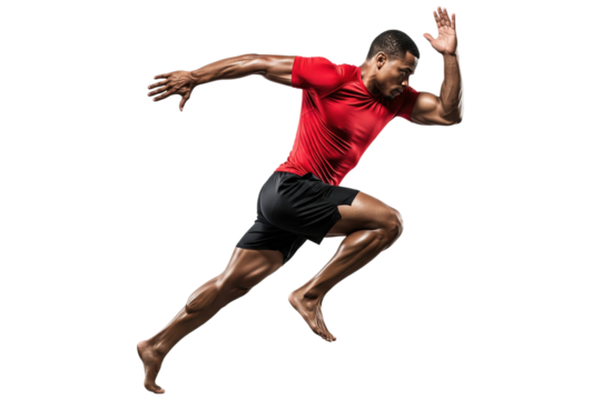 Powerful African American male athlete sprinting barefoot