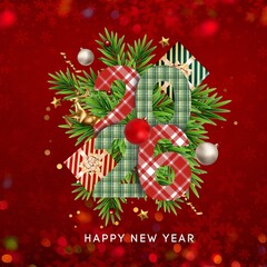 Happy New Year 2026 (Nexa) Plaid Festive Design: Green and Red Tartan Typography with Bokeh Background Effect, Christmas Branches, and Ornaments.