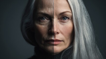 Contrasting portrait reveals the beauty of aging on a mature woman with striking grey hair and bright blue eyes in a powerful beauty statement