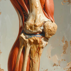 Anatomical illustration of human knee joint muscles and bones on transparent background