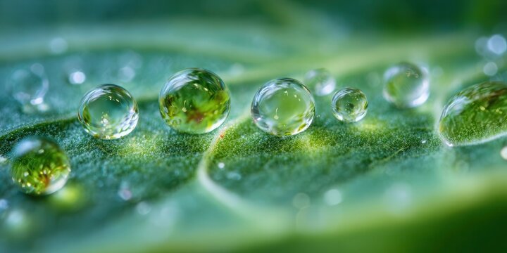 Macro Photography Water Droplets on Lush Green Leaf, Nature Beauty