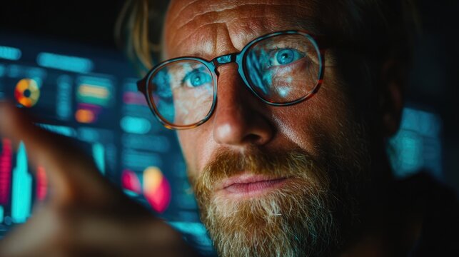 Focused Analyst Looking at Digital Charts - Powered by Adobe