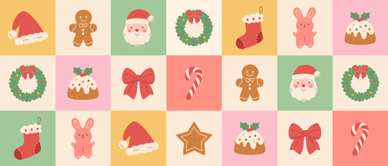 Vintage Christmas seamless pattern with hand-drawn festive elements—red bows, pudding,socks,gingerbread,candy canes, toys, Santa,Santa's hat, and wreaths. A modern Xmas vector mosaic background design