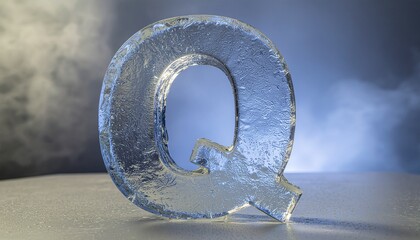 Icy translucent letter q stands against colorful background. Suitable for graphic design projects, winterthemed content, typography inspiration.