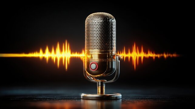 Vintage golden microphone with glowing soundwave