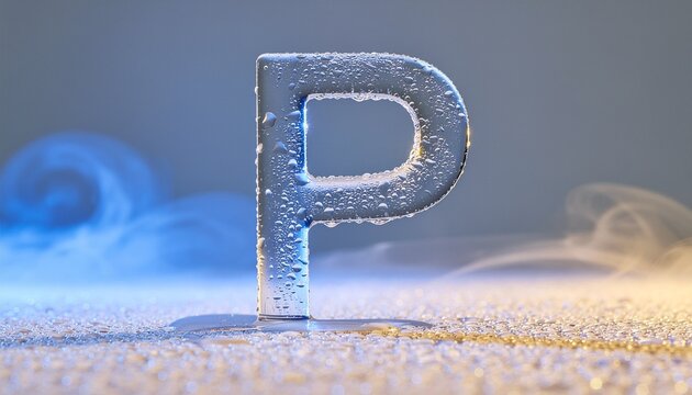 Glistening letter p with water droplets against blue smoke. Suitable for design projects, backgrounds, typography art, branding, and creative concepts.