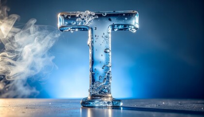 Glass letter t with bubbles and smoke on blue background, great for web design, typography art, branding, or educational materials.