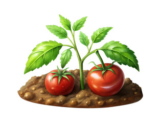 Two red tomatoes growing with green plant in a brown soil patch