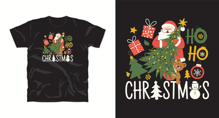 Greeting card with santa claus bear gift and tree vector illustration for sublimation printing t shirt template design exactly two hundred characters