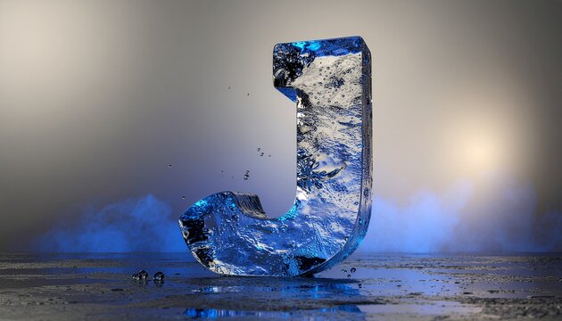 Large icy letter j on reflective surface with cool lighting, suitable for winterthemed designs, technology concepts, icy logos, and typography projects.