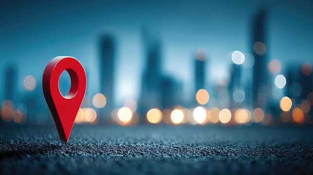 Map Pin on City Street with Blurred Lights