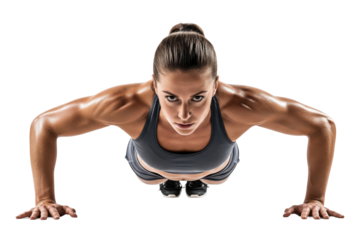 Determined woman with muscular arms doing a push-up and looking at the camera