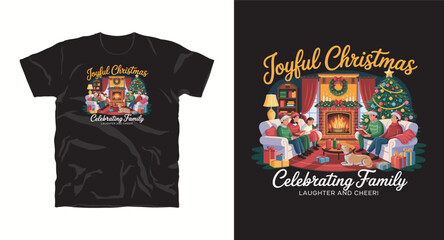Joyful family celebrating festive occasion t shirt design showcasing cozy interior scene with fireplace decorated tree and laughing people offering seasonal cheer and togetherness in apparel