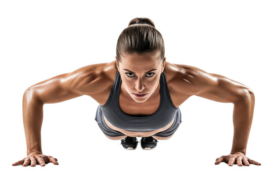 Determined woman with muscular arms doing a push-up and looking at the camera