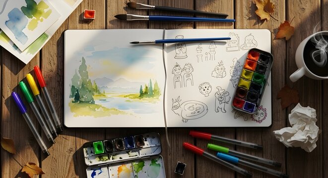 Overhead view of a creative art session with a watercolor landscape painting and character sketches in an open journal