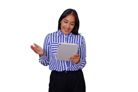 Young businesswoman smiling, using digital tablet for online meeting, virtual presentation, or remote work, transparent background