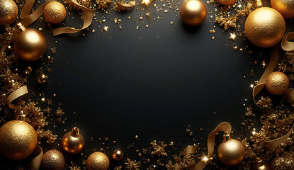 Matte Black Christmas Background with Golden Baubles, Ribbons, and Metallic Sparkles — Luxury Holiday Banner Ultra-HD