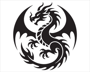 Mythical dragon silhouette vector illustration isolated on white background, powerful fantasy creature design with wings and flames symbolizing strength, courage, and mystery