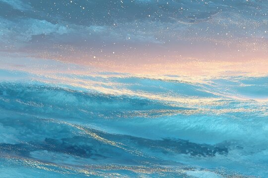 Ocean Waves at Sunset with Sparkling Light Particles