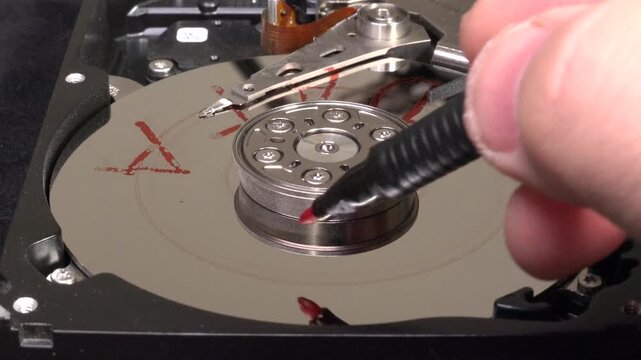 Open hard drive, close-up view, writing the word LOSS and starting to spin