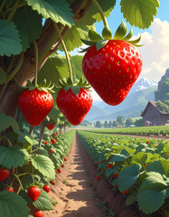 Vibrant strawberries hanging from vines in a lush field with scenic background