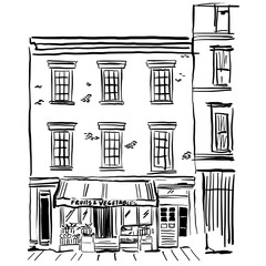 Obraz premium VEctor illustration of the old part of a city with brick midrises and small shops at ground level