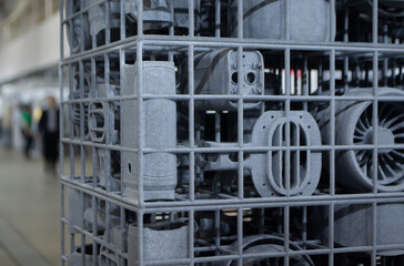 Object printed on 3D printer from molten plastic powder close-up. Model printed on 3D printer from melted polyamide powder. New modern additive 3D printing technology. Multi Jet Fusion MJF technology