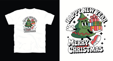 Funny Holiday Season Design with Cartoon Tree Holding Gifts and Wearing Shoes with Happy New Year and Merry Celebrations Text Vector Illustration Isolated on White