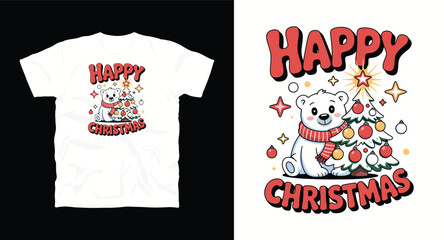Happy Season Vector Design Featuring Cute Polar Bear and Decorated Tree an Adorable and Festive Graphic for Holiday Season Apparel and Merchandise with Red and White Theme