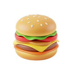 A 3D rendered illustration of a classic cheeseburger with lettuce, tomato, and cheese layers against a white background
