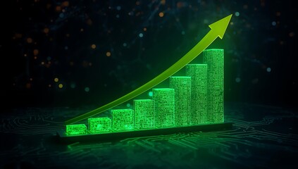 Green business growth chart with arrow showing success and financial performance increase