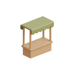 Isometric market stall or kiosk for selling goods, featuring a simple design with a light brown base and a scalloped green awning, presented in 3D rendering