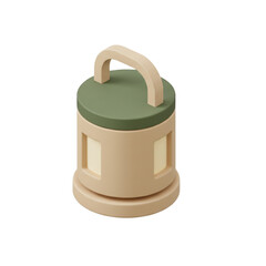 Stylized 3D icon of a portable camping lantern with a handle. Minimalist design of an outdoor light source for travel and adventure, isolated on a white background