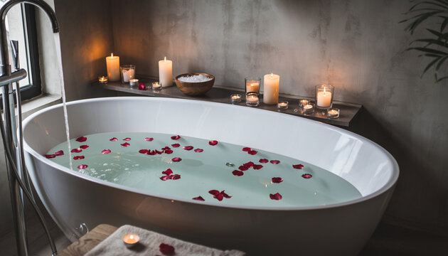 Bathtub with red flower petals and lit candles - Powered by Adobe