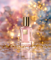 Pink serum bottle with golden glitter and bokeh reflecting celebration