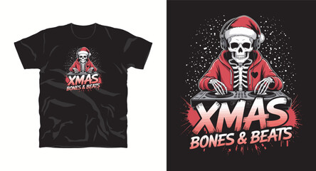 Xmas Bones And Beats T-Shirt Design Featuring Skeleton Dj Wearing Santa Hat Mixing Music Perfect As Seasonal Greeting Card Or Printable Decoration For Holiday Season