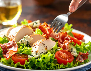 Close up of fresh chicken salad with tomatoes bacon and blue cheese
