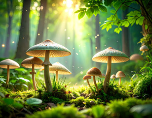 Fototapeta premium Magical mushrooms in a forest sunlight illuminating nature scene with glowing particles
