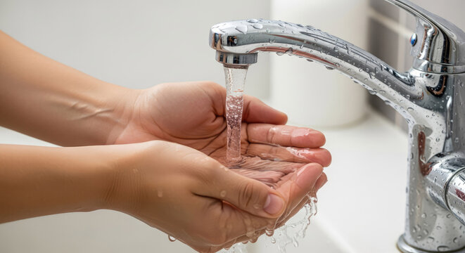 Hands under a stream of pure fresh water from a faucet. World Water Day, environmental protection concept. Sustainable use of natural resources banner.
