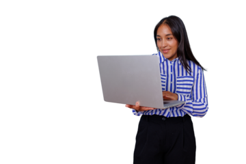 Hispanic woman working on laptop, standing, typing, professional, business, communication, using technology on transparent background