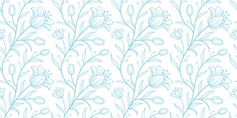 Elegant seamless floral pattern with delicate blue line art flowers and leaves. Perfect for fabric, wallpaper, packaging, and stationery design. Soft botanical background with minimal charm.