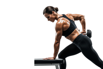 Muscular woman doing a one-arm dumbbell row on a bench with copy space
