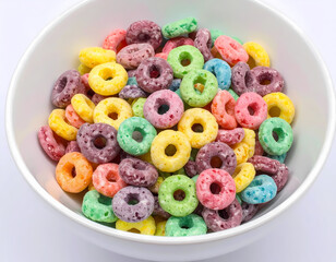 Colorful cereal rings in a white bowl against a transparent background
