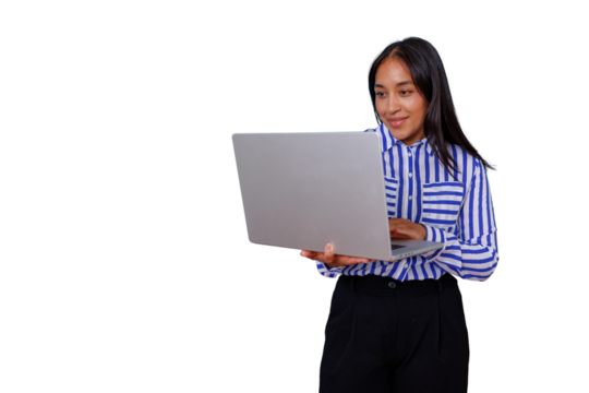 Hispanic woman working on laptop, standing, typing, professional, business, communication, using technology on transparent background