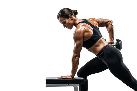 Muscular woman doing a one-arm dumbbell row on a bench with copy space