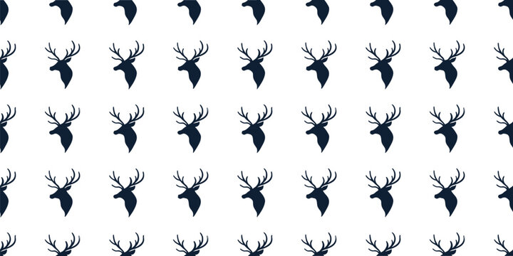 Minimal deer head silhouette pattern for modern winter designs. Seamless repeating stag motif ideal for textiles, packaging, and decor. Clean monochrome animal artwork for stylish backgrounds.