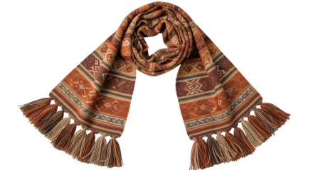 Ethnic-inspired woven scarf with tassels, featuring intricate patterns and warm earth tones, perfect for adding a touch of global style to any outfit isolated on a transparent background 